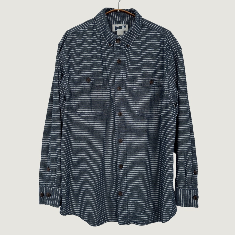 Duluth Trading Co Mens Large Relaxed Fit Blue White Striped Cotton Button Down